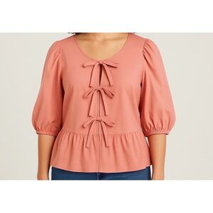 A New Day Women's Peplum Bow Tie Neck 3/4 Sleeve Blouse Top XXL Coral Pink